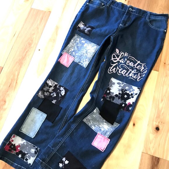 Upcycled Patchwork Flared Jeans: Size 14, Boho Hippie Sweater Weather Pants - Picture 6 of 9
